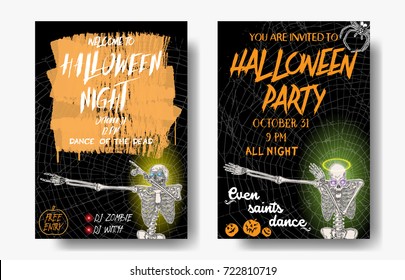 Halloween set of vertical background with skeletons dancing DAB. Flyer or invitation template for Halloween party and night. Handwritten calligraphy greetings, dance of the dead all night. Vector.