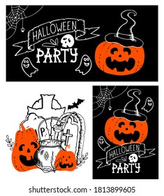Halloween set - vertical poster horizontal banner illustration. Hand drawn doodle pumpkin fool moon bat silhouette spider web cauldron autumn leaves lettering blood drops. Stock vector illustration.