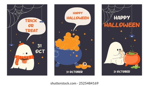Halloween set of vertical posters, cover for social media posts, party invitations, postcards. A ghost, a witch's cauldron of boiling potion. Vector illustration.