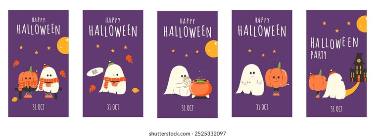 Conjunto de carteles de Vertical de Halloween, cubiertas para publicaciones en redes sociales. invitaciones, postales. Divertidos personajes de calabaza y fantasma. Ilustración vectorial.
