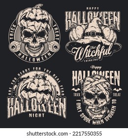 Halloween set vintage flyers monochrome with skulls and pumpkin lanterns with wishes happy night for All Hallows Day vector illustration
