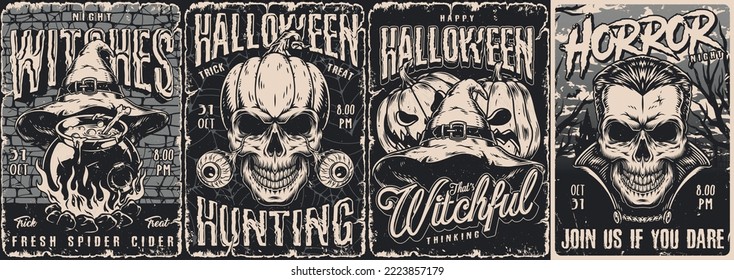 Halloween set vintage monochrome posters with witch hat and vampire skulls inviting you to scary night party vector illustration