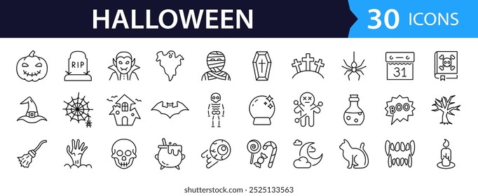 Conjunto de ícones da Web em estilo de linha de Halloween. Coleção de ícones lineares do evento de Halloween. Contendo celebração 31 de outubro, abóbora, fantasma, crânio, doces, vampiro, morcego e muito mais. Traçado editável