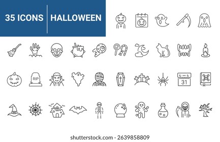 Halloween set of web icons in line style. Halloween event linear icon collection. Containing celebration 31 October, pumpkin, ghost, skull, candy, vampire, bat, and more. Editable stroke