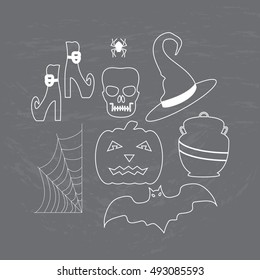 Halloween set white coating on the chalkboard: spider, web, bat, skull, pumpkin, witch stockings with shoes, hat, pot. Vector illustration.