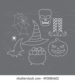 Halloween set white coating on the chalkboard: bat, skull, pumpkin, spider, web, witch stockings with shoes, hat, pot. Vector illustration.