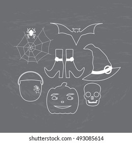 Halloween set white coating on the chalkboard: witch stockings with shoes, hat, pot, bat, pumpkin, skull, spider, web. Vector illustration.