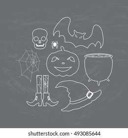 Halloween set white coating on the chalk board: skull, spider, web, bat, pumpkin, witch stockings with shoes, hat, pot. Vector illustration.