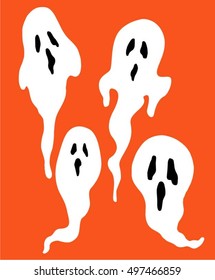 Halloween, set of white ghosts on a orange background