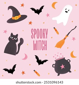 Halloween set witch, bat, ghosts, witch hat, broom, cat. Elements for halloween in cartoon style.