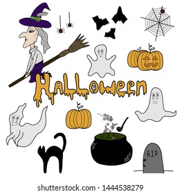 Halloween set with witch, black cat, pumpkin, ghosts and spiders.