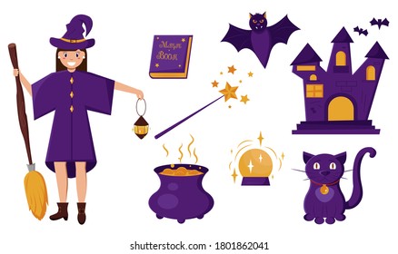 Halloween set with 
witch, broom, lantern, cauldron, salem cat, magic ball, book, Magic wand, castle and bat. Vector illustration in cartoon style on white background