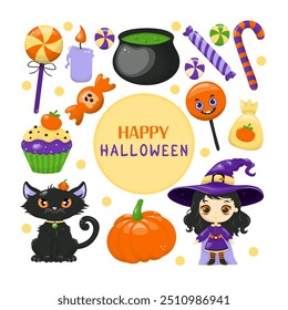 Halloween set with a witch, candies, lollipops, candle, muffin, cat, pumpkin, witch and cauldron. For flyer, sticker, card, logo, symbol. Isolated image on white background. 