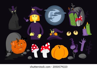 Halloween set witch, cat, moon in the clouds, pumpkins, tombstone, branches, purple and green ritual candles, bottles of poison or potion, toadstools, fly agarics in cartoon style. 