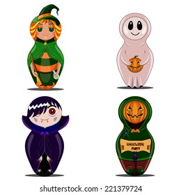 Halloween set with witch dolls, vampire, pumpkin and ghost