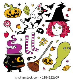 Halloween set. Witch, ghost, broom, bat. Isolated vector objects on white background.