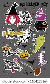 Halloween set. Witch, ghost, broom, bat. Isolated vector objects on white background. Lettering.