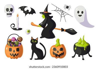Halloween set with witch, ghost, scull, pumpkin, web, spider, cat, moon, bat, tree, lollipop