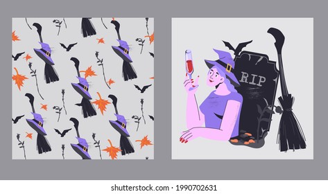 Halloween set with witch girl in grave and matching seamless pattern, flat cartoon vector illustration. Comic female character for Halloween holiday greeting cards and invitations backgrounds.