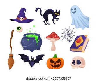 Halloween set. Witch hat, black cat, ghost, eye, witch's broom, cauldron with potion, fly agaric, web with spider, spell book, bat, pumpkin, skull. The concept is used for stickers, banners and cards.