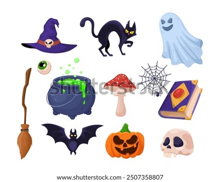 Halloween set. Witch hat, black cat, ghost, eye, witch's broom, cauldron with potion, fly agaric, web with spider, spell book, bat, pumpkin, skull. The concept is used for stickers, banners and cards.