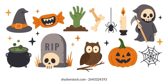 Halloween set of witch hat, candy with teeth, zombie hand, candle, skeleton, pumpkin, gravestone, spider, cauldron, owl. For children’s products, party invitations, scrapbooking, prints, merchandise