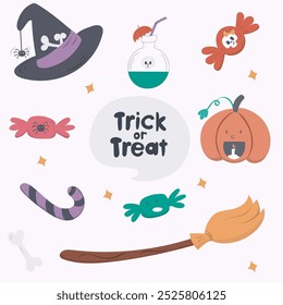 Halloween set witch hat, pumpkin, sweets, monster, skeleton. Characters and elements for halloween in cartoon style.