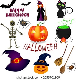 Halloween Set. Witch, Hat, Skeleton, Broom, Bats, Black Cat, Witch Kettle, Spider, Pumpkin. Isolated Halloween Elements On White Board.