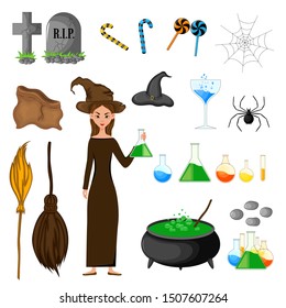 Halloween set with witch and her attributes on white background. Cartoon style. Vector