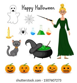Halloween set with witch and her attributes on white background. Cartoon style. Vector