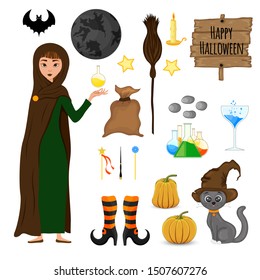 Halloween set with witch and her attributes on white background. Cartoon style. Vector. Happy Halloween.