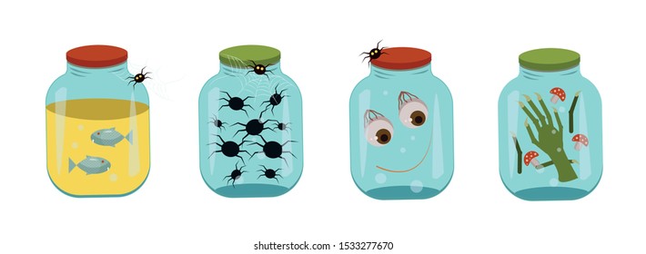 Halloween set of witch jars with eyes, bugs, fingers, fish. Vector graphics