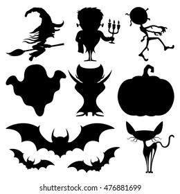 Halloween set. Witch, monster, mummy, ghost, vampire, bats, pumpkin and black cat. 