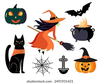 Halloween set witch, pumpkin, bat, cat. Characters and elements for halloween in cartoon style. 