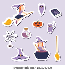 Halloween set with witch, pumpkin, cat, owl, spider, hat, potion, cauldron, broom - vector illustration