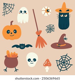 Halloween set witch, pumpkin, cat, ghosts. Happy Halloween stickers. Characters and elements for halloween in cartoon style. Vector graphics. EPS10