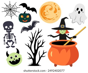 Halloween set witch, pumpkin, ghost, skeleton. Characters and elements for halloween in cartoon style. 