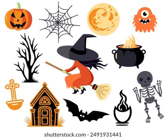 Halloween set witch, pumpkin, monster, skeleton. Set of vector elements for halloween in cartoon style. 