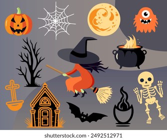 Halloween set witch, pumpkin, monster, skeleton. Set of vector elements for halloween in cartoon style. 