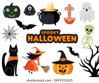 Halloween set witch, pumpkins, ghosts, skeleton. Set of vector characters and elements for halloween in cartoon style. 