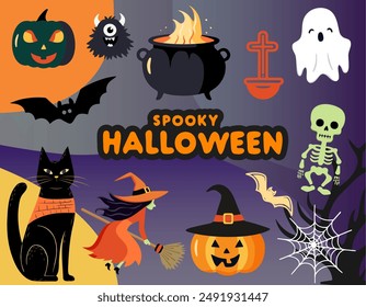 Halloween set witch, pumpkins, ghosts, skeleton. Set of vector characters and elements for halloween in cartoon style. 