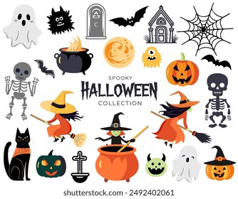 Halloween set witch, pumpkins, ghosts, monster, skeleton. Characters and elements for halloween in cartoon style. 