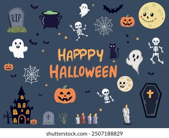 Halloween set witch, pumpkins, ghosts, monster, skeleton. Characters and elements for halloween in cartoon style. A set of scary items for celebrating Halloween. Set of vector cartoon elements