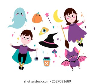Halloween set witch, pumpkins, ghosts, monster. Characters and elements for halloween in cartoon style.
