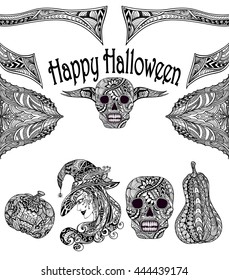 Halloween Set  with witch skill pumpkins black white  in Zen tangle or Zen doodle style for coloring page or relax coloring book or for decoration flyers banners Post Card on celebrating Halloween