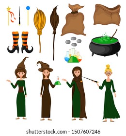 Halloween set with witches on white background. Cartoon style. Vector