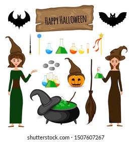 Halloween set with witches on white background. Cartoon style. Vector