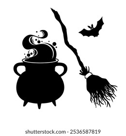 Halloween set: witches pot, flying broom, bat. Vector black silhouette illustration on white background.