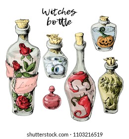 Halloween set of withered bottles with a potion and trophies.