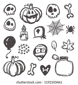 Halloween set for your design. Hand drawn vector illustration. Ghost, pumpkin, bone, lantern, candy, skull, mushroom. Can be used for sticker, badge, card, poster, banner.